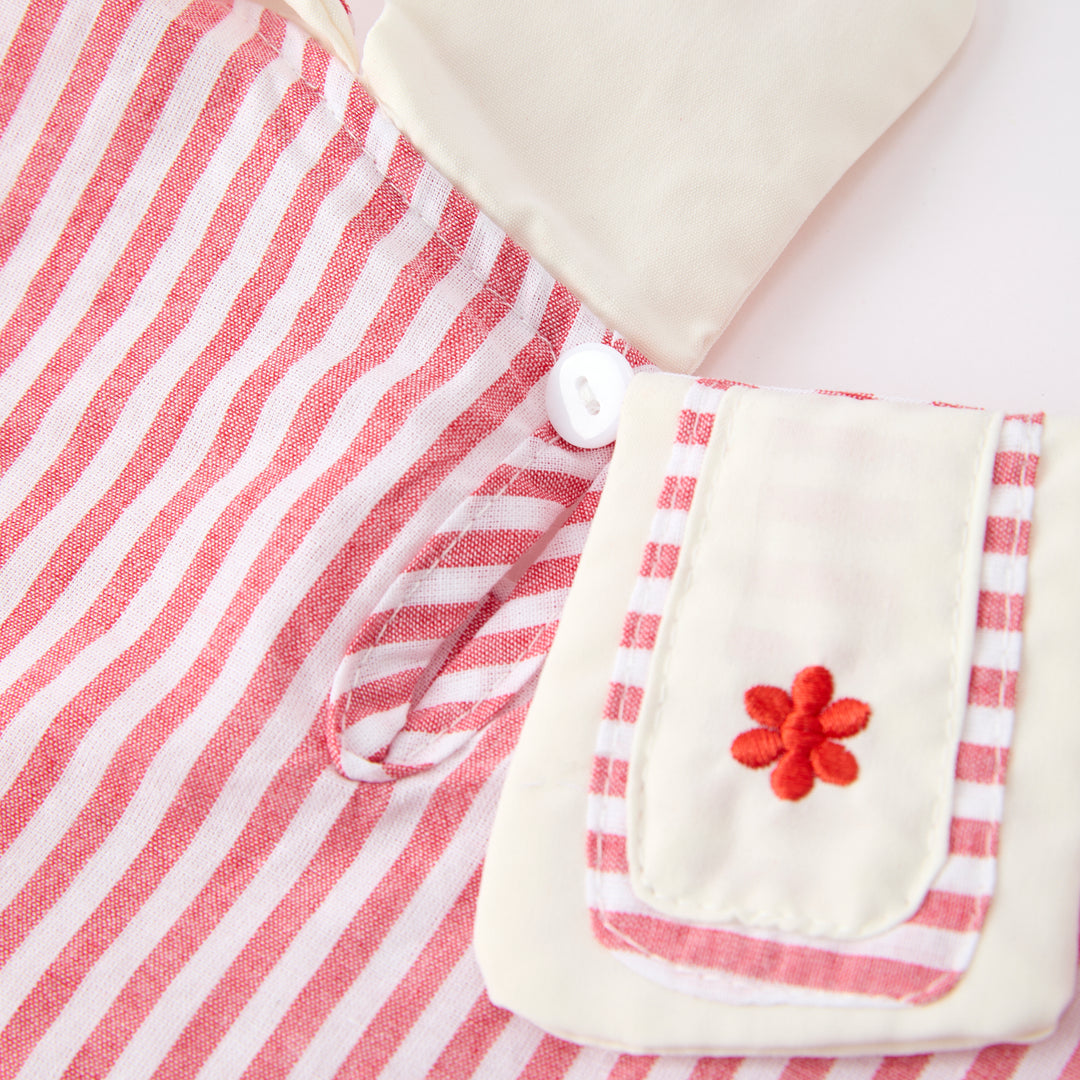 Girls' summer coral red striped floral embroidered 2pcs set
