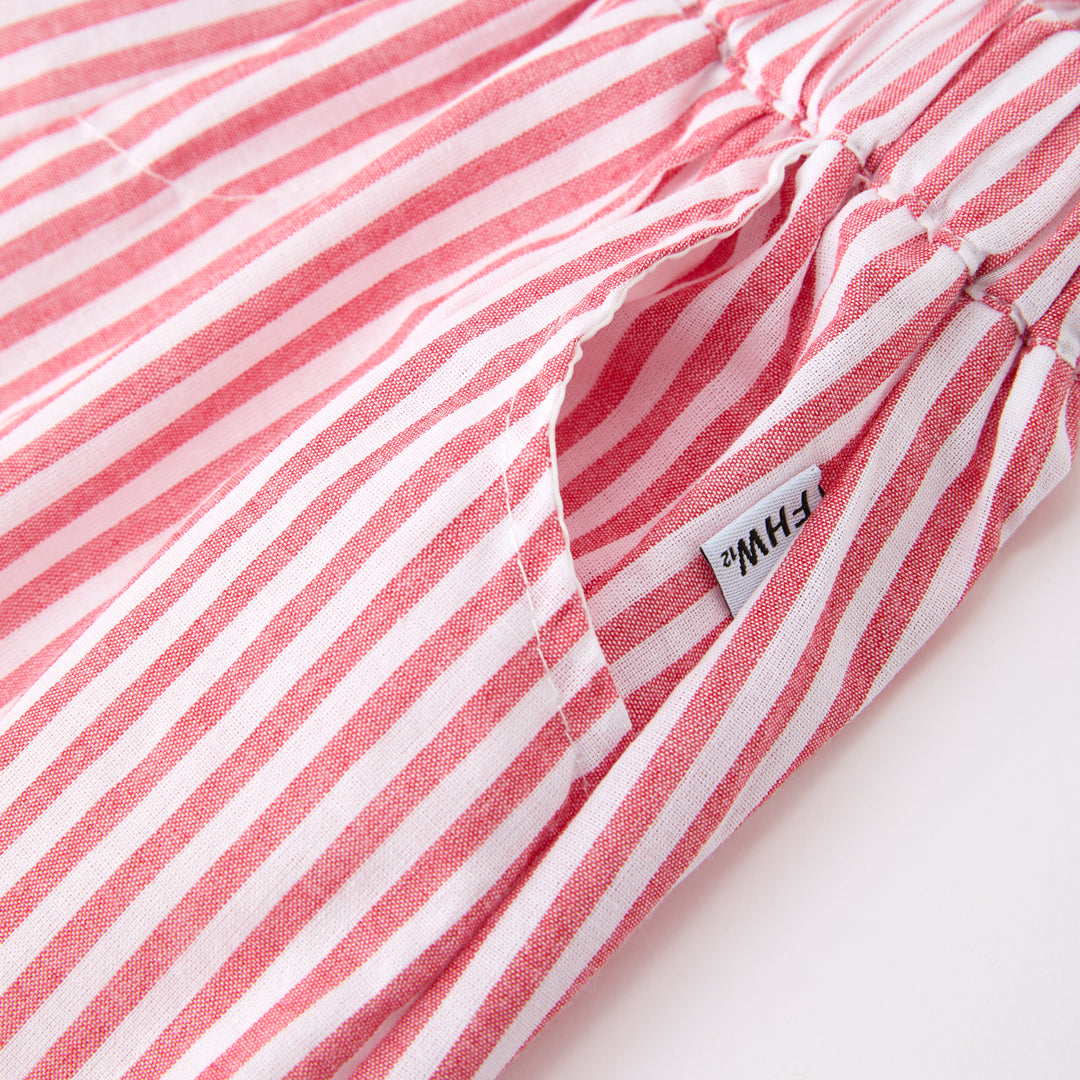 Girls' summer coral red striped floral embroidered 2pcs set