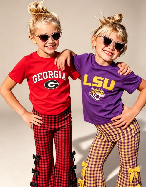 Girls Game Day Team Graphic T‑Shirt &Plaid Bow Flare Bell Bottom Pants