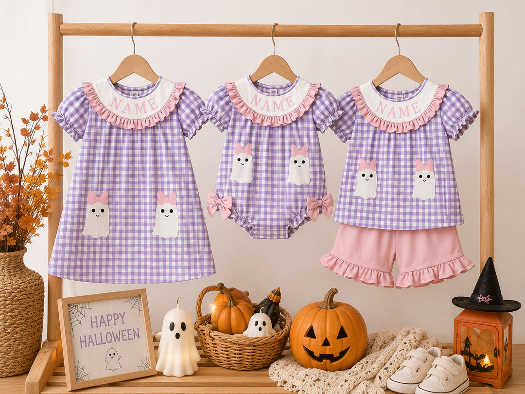 Custom Embroidered Name-Halloween Purple Plaid Ghost Dress Romper