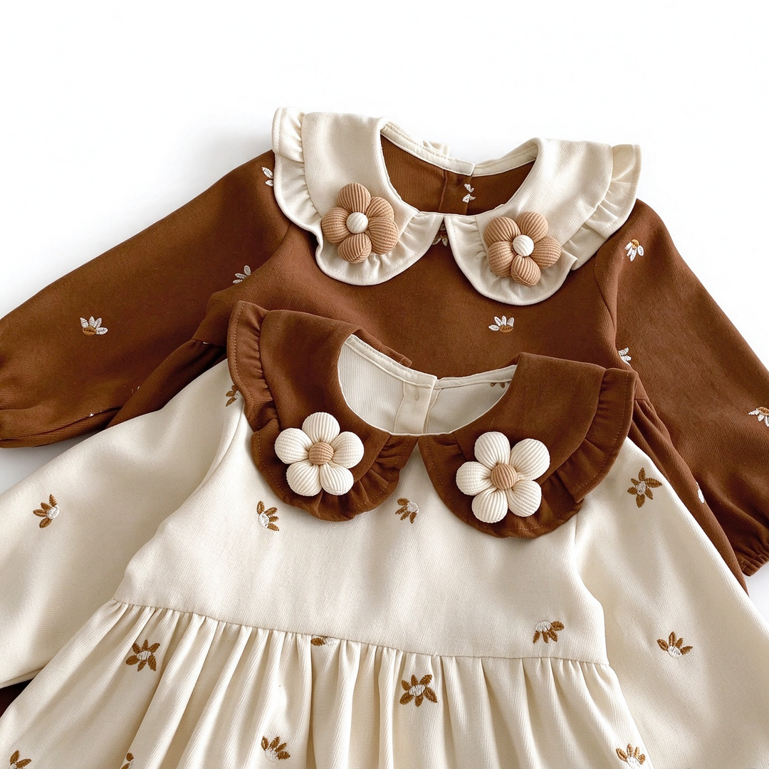 Girls Sweet Flower Embroidered Cotton Peter Pan Collar Princess Dress