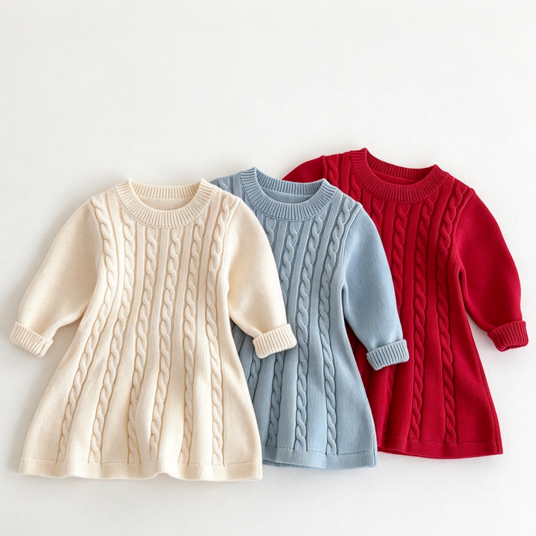 Girls' Cable-Knit Long-Sleeve Sweater Dress Christmas Knit Dress