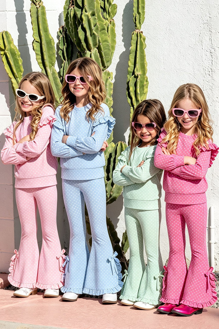 Girls Polka Dot Ruffle Sweatshirt Top&Bow Flared Bell Bottom Pants