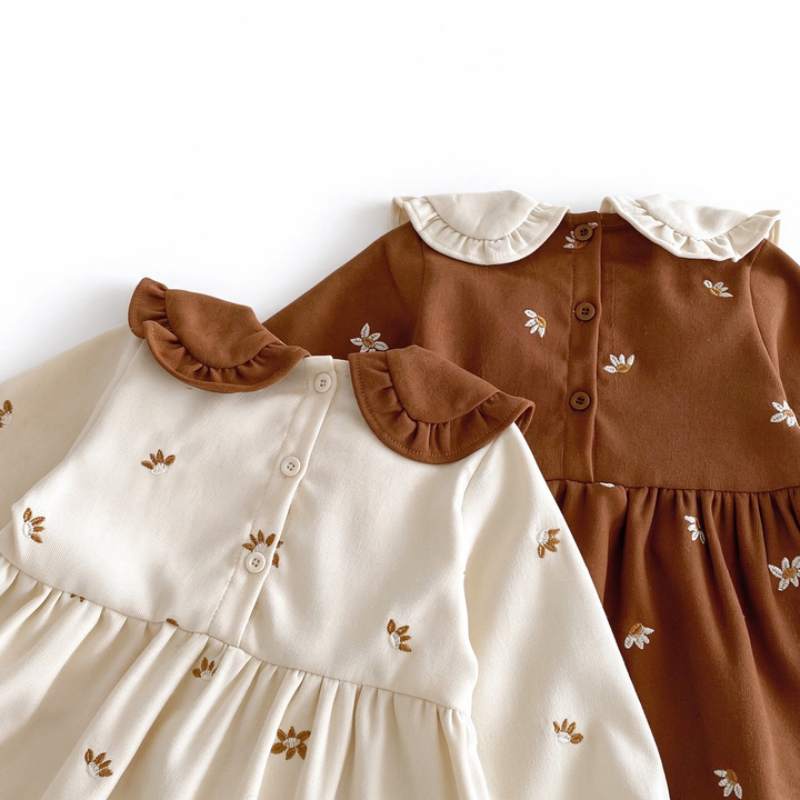 Girls Sweet Flower Embroidered Cotton Peter Pan Collar Princess Dress