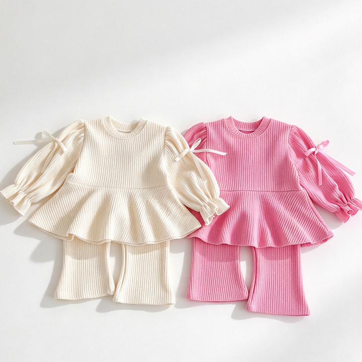 Personalized Custom Name Girls Sweet Bow Ruffled Top & Flared Pants Set