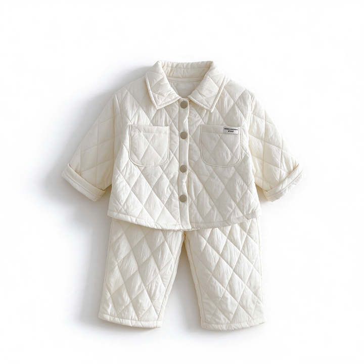 Baby Cream Diamond Quilted Jacket and Matching Pants Warm Outfit