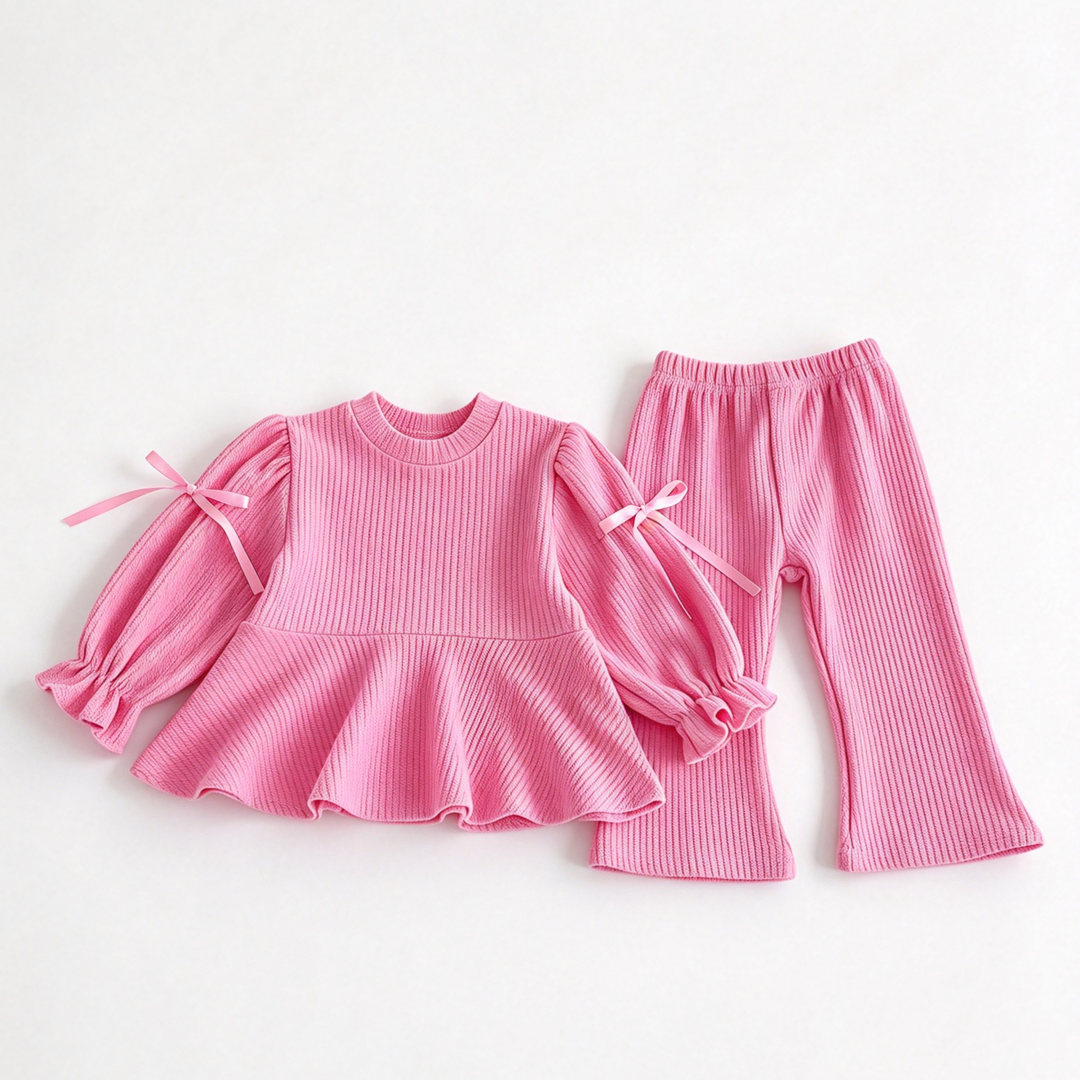 Personalized Custom Name Girls Sweet Bow Ruffled Top & Flared Pants Set