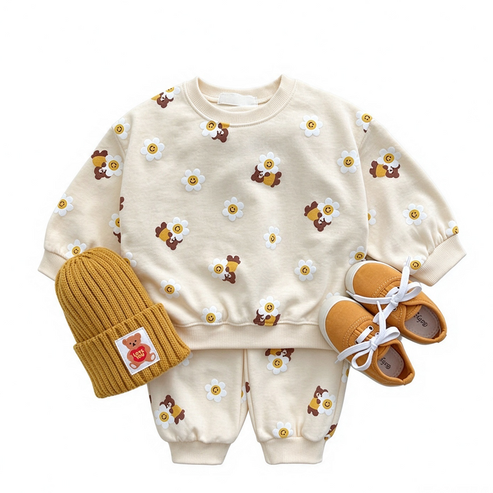 Girls Cute Bear Smiley Flower Sweatshirt Pants Set