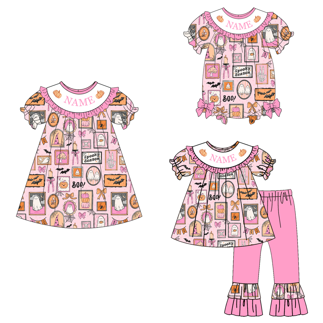 Personalized Halloween cute pink embroidery dress holiday sisters outfits