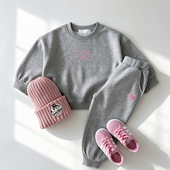 "I LOVE YOU" Letter Embroidery Sweatshirt &amp; Heart Sweatpants Set