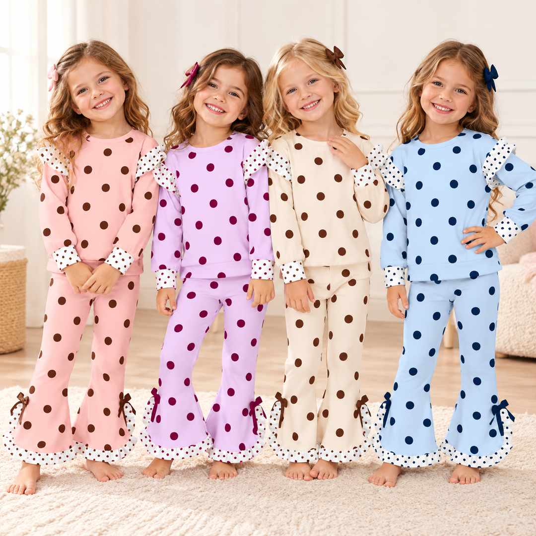 Girls' Polka-Dot Color-Block Ruffled Sweatshirt & Flare Bowknot Pants Set