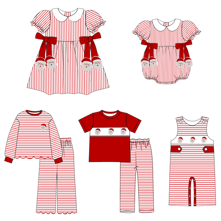 Christmas Red Stripe Santa Embroidery Sibling Matching Outfits Collection