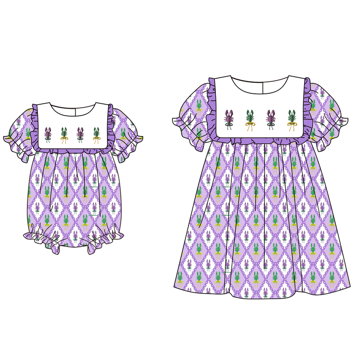 Mardi Gras themed embroidery purple diamond print sisters outfit