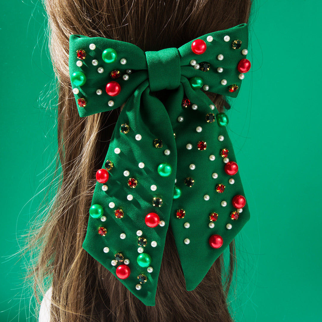 Christmas Red & Green Pearls Beads Rhinestones Hair Bow Barrette Clip