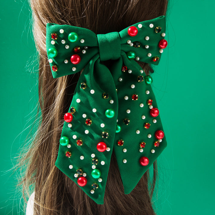 Christmas Red & Green Pearls Beads Rhinestones Hair Bow Barrette Clip