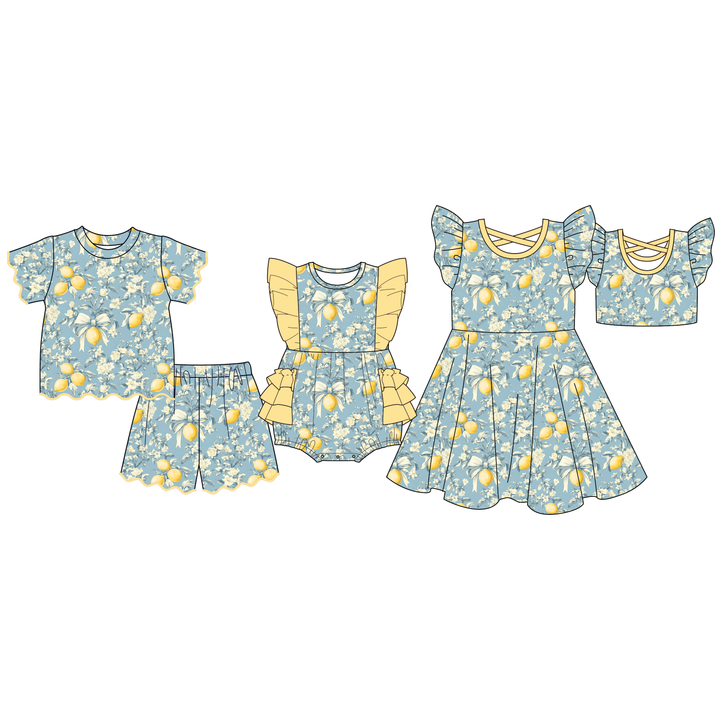 Girls' floral lemon printed ruffle dress sibling outfits