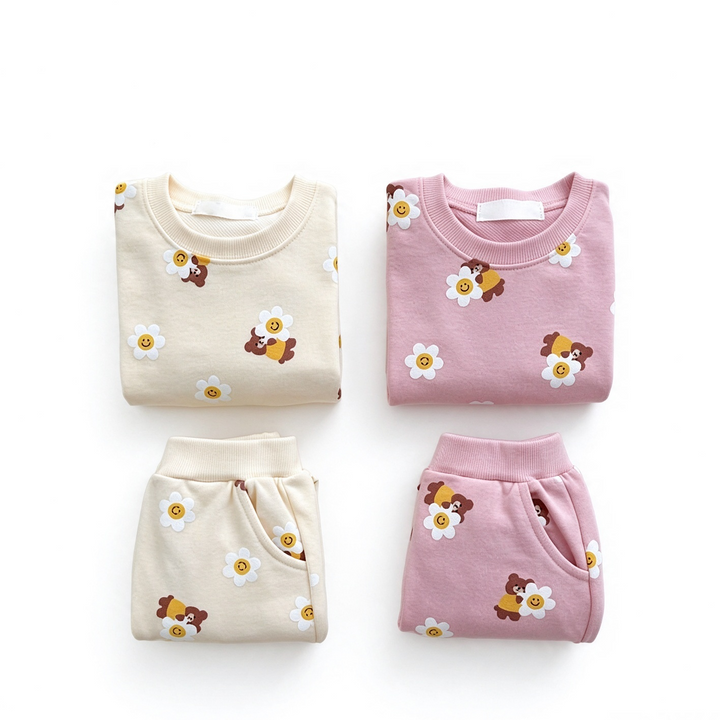 Girls Cute Bear Smiley Flower Sweatshirt Pants Set
