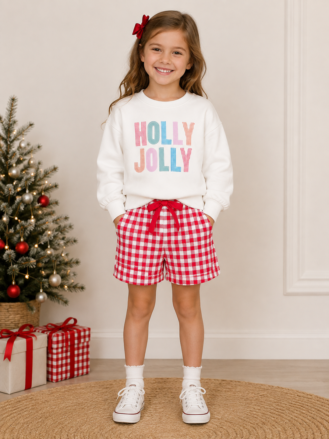 Girls Christmas Sweatshirt Top & Bowtie Shorts 2PCS Holiday Set