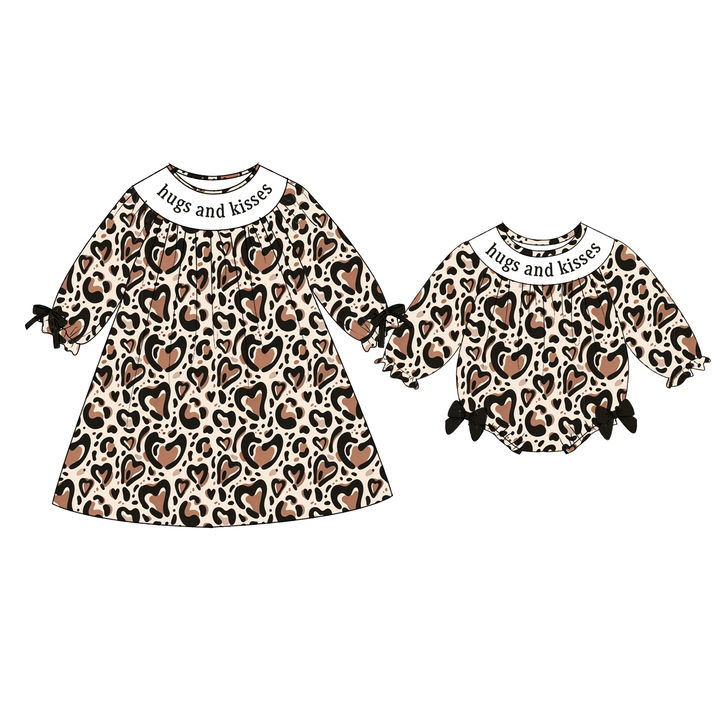 Personalized Hugs and Kisses Heart Leopard Baby Girl Dress &amp; Romper
