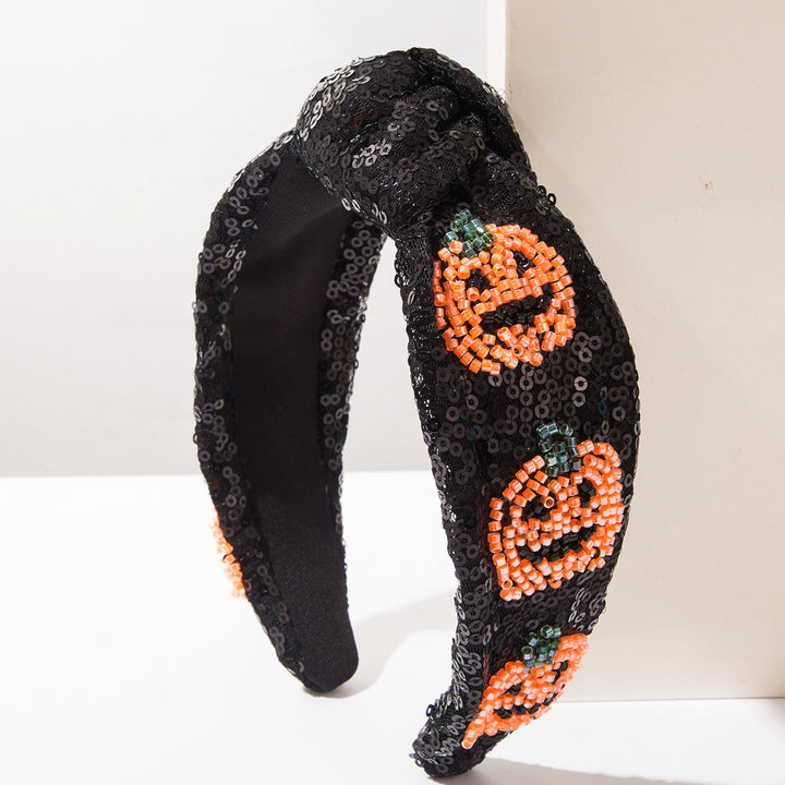 Hand-beaded Sequined Pumpkin Knotted Headband Halloween Hair Accessory