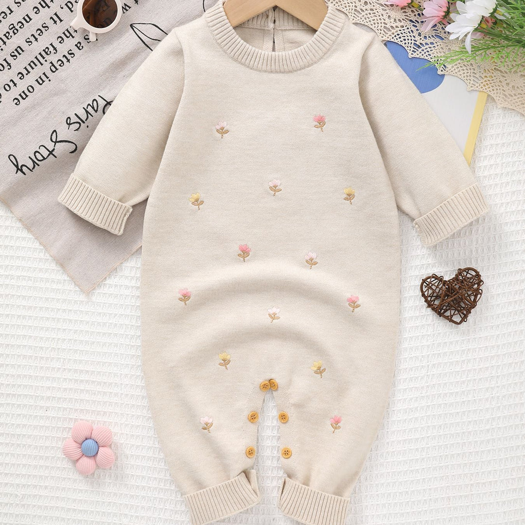 Newborn Baby Long-Sleeve Floral Embroidery Knitted Romper