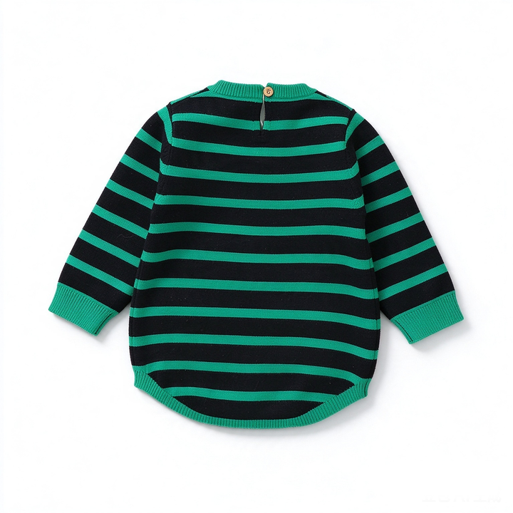 Baby Christmas Green &amp; Black Striped Santa Jacquard Knit Romper