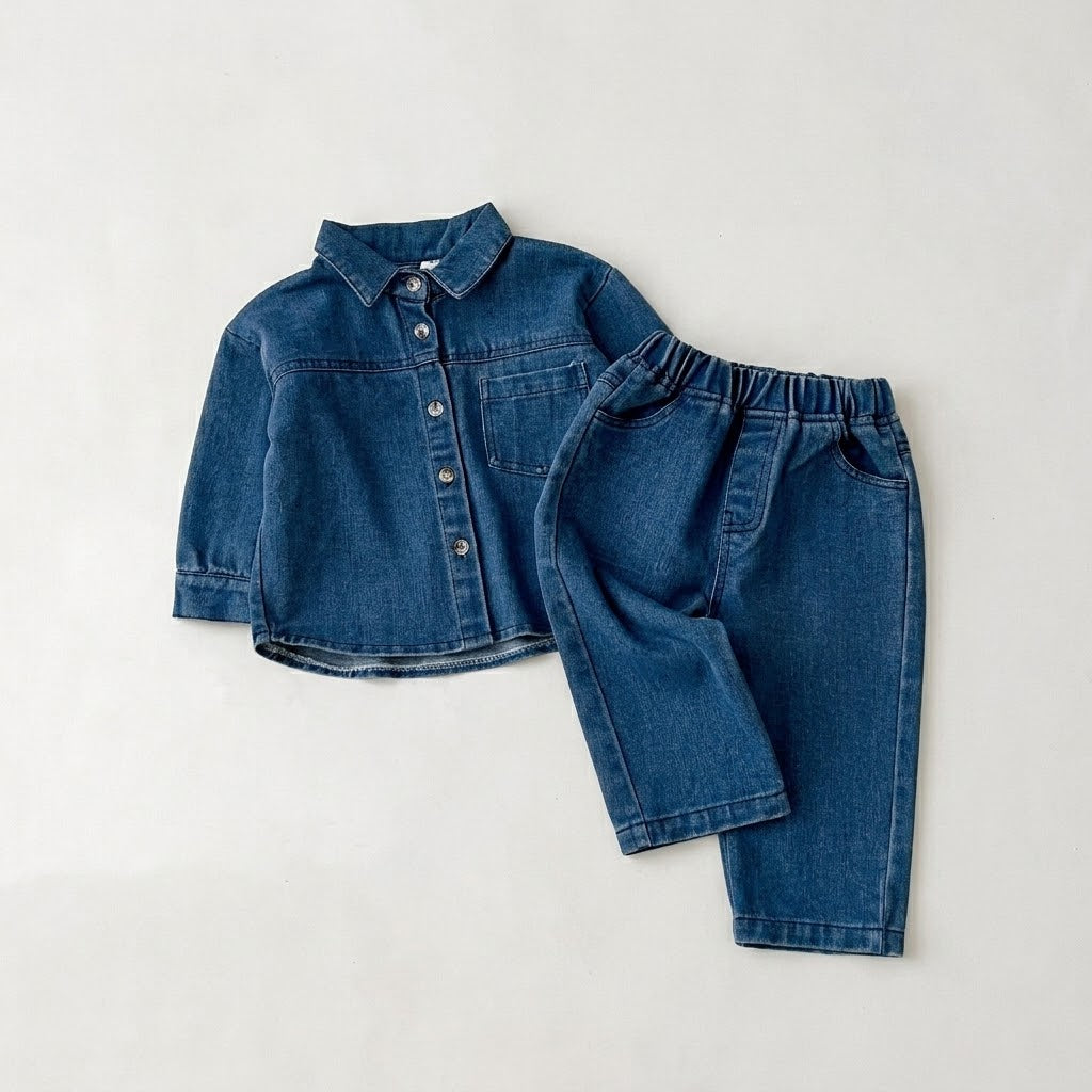 Kids Denim Button-Down Long Sleeve Shirt Top &amp; Jeans Pants Outfits