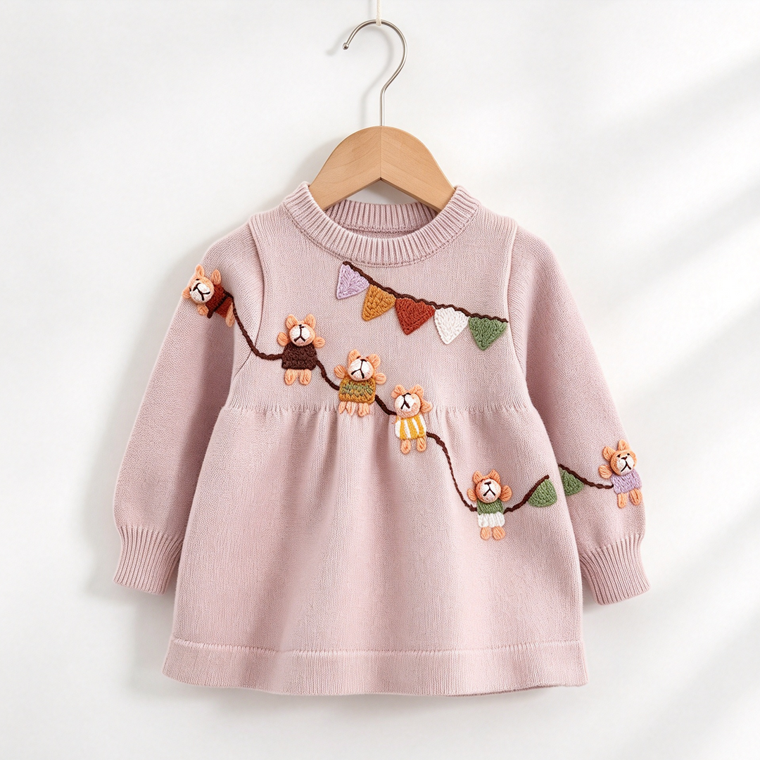 Baby Girls' Cute Bear Embroidered Knit Dress Red Sweater Dress for Christmas