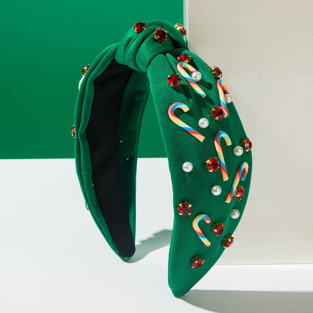 Christmas Candy Cane Rhinestones Charms Knotted Headband