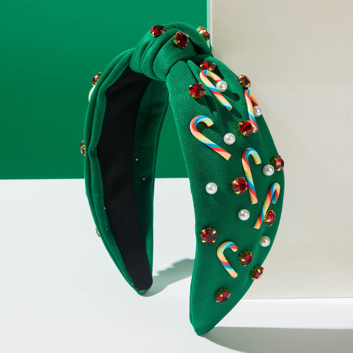 Christmas Candy Cane Rhinestones Charms Knotted Headband