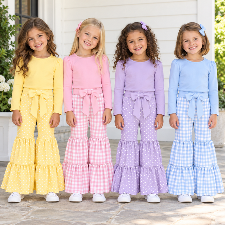 Girls Solid Top &amp; Tiered Ruffle Flare Bowknot Pants 2PCS Set