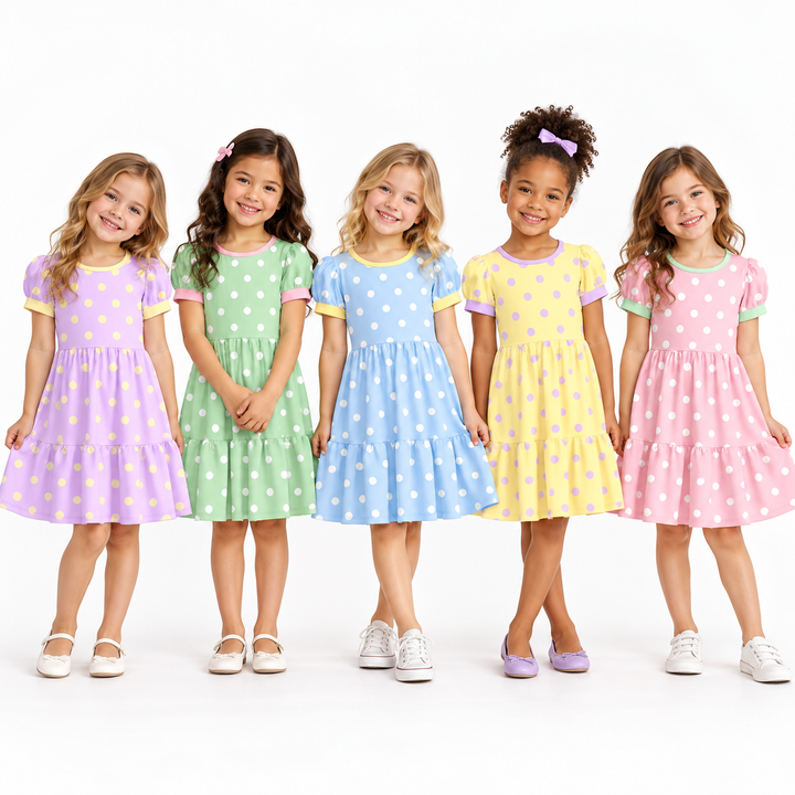 Girls Pastel Polka Dot Print Ruffle Tiered Dress