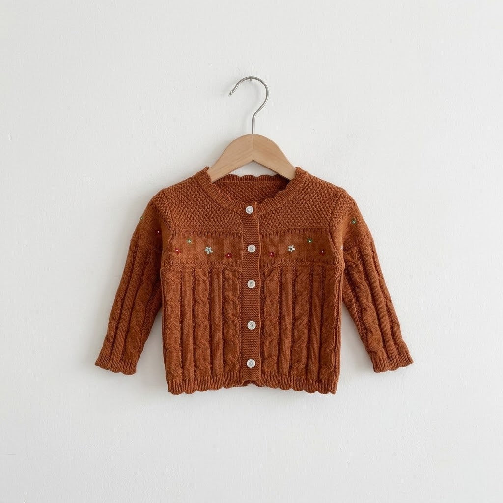 Embroidered Flower Cable Knit Sweater for baby girls