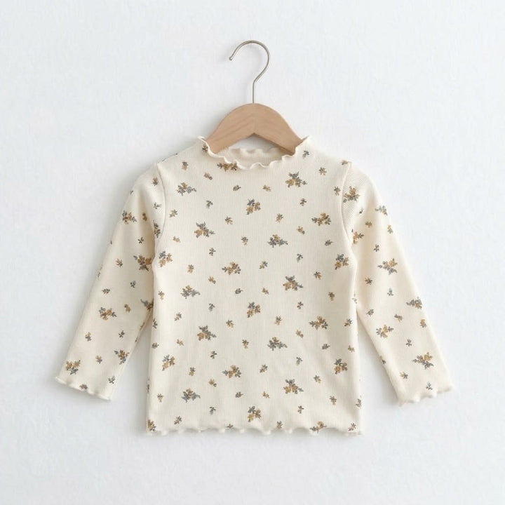 Girls Floral Mock Neck Lettuce Trim Top