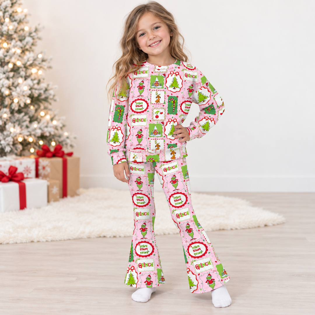 Girls Vintage Christmas Tree Print Sweatshirt & Flare Pants Set