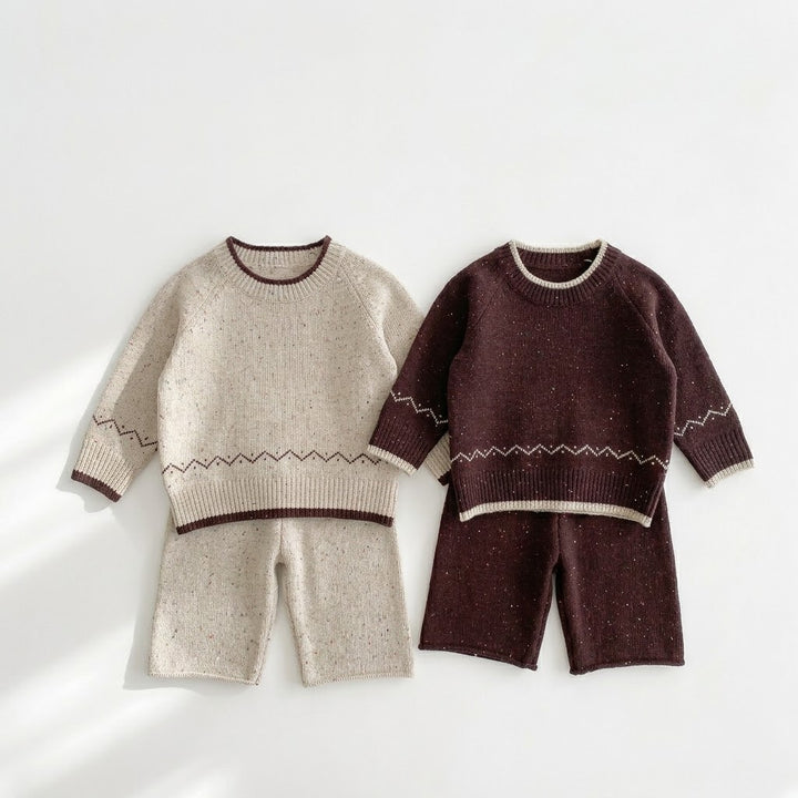 Girls Flecked Pullover Geometric Jacquard Sweater &amp; Matching Knit Pants Outfits