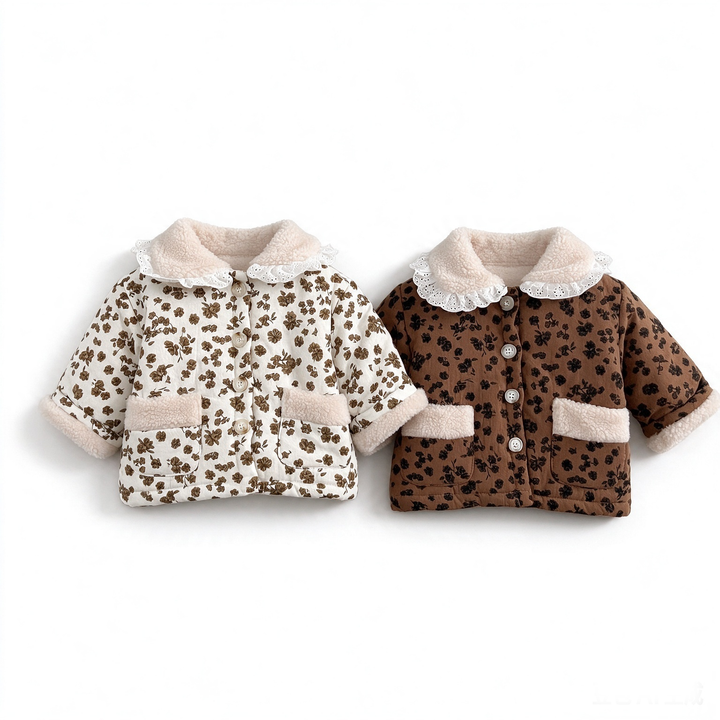 Baby Girl Floral Sherpa Collar Quilted Jacket Warm Coat