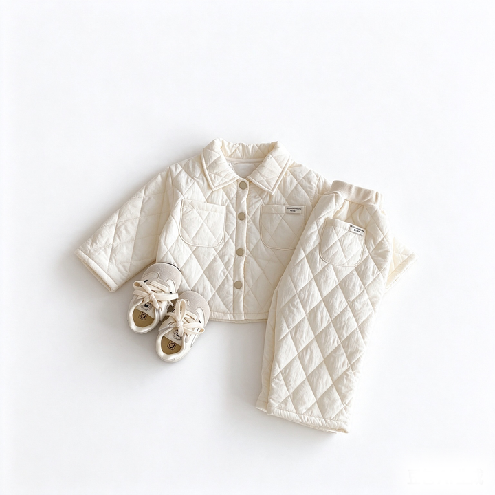 Baby Cream Diamond Quilted Jacket and Matching Pants Warm Outfit