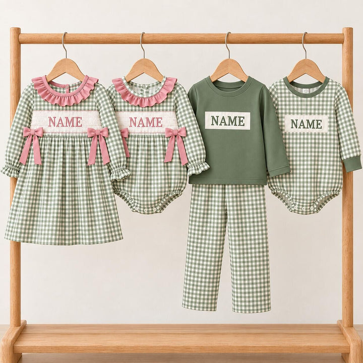 Personalized Custom Name Sage Green Gingham Plaid Sibling Matching Outfits