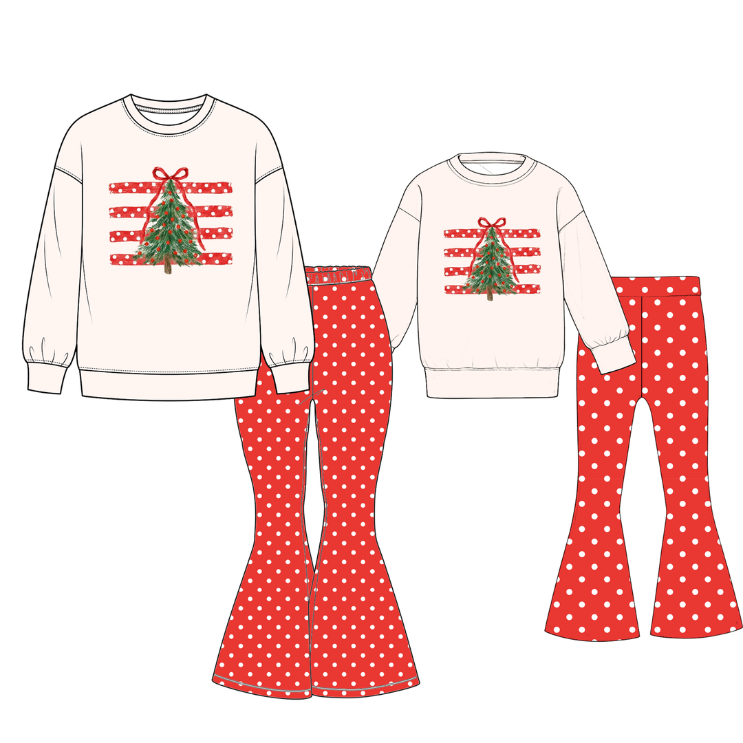 Christmas Bow Tree Mommy&Me Polka Dot Bell Bottom Set
