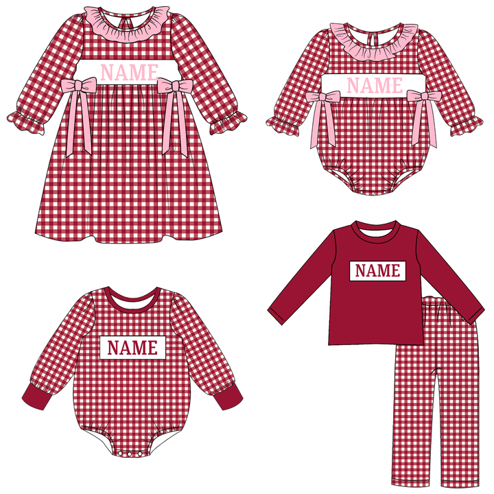 Personalized Custom Name Burgundy Gingham Plaid Sibling Matching Outfits