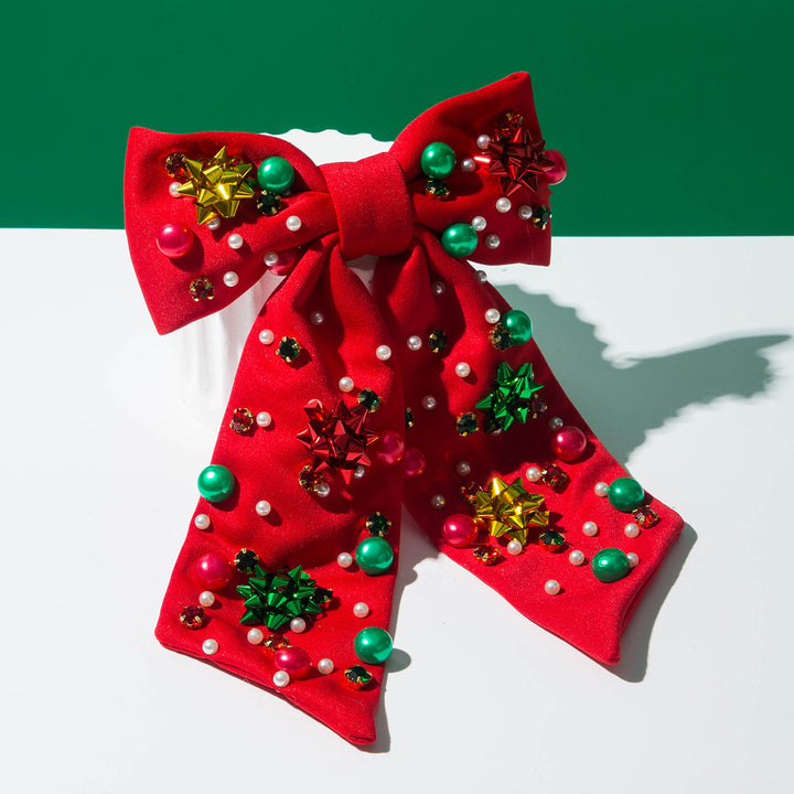 Christmas Red & Green Pearls Beads Rhinestones Hair Bow Barrette Clip