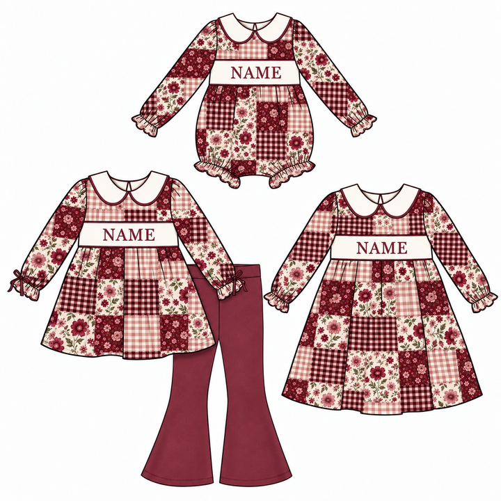 Personalized Embroidery Name Girls Burgundy Patchwork Romper Dress
