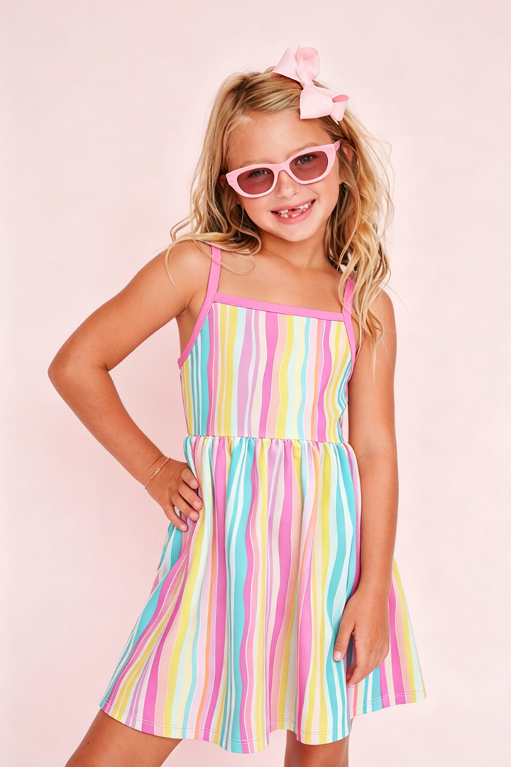 Girls Summer Rainbow-Striped Tank Dress