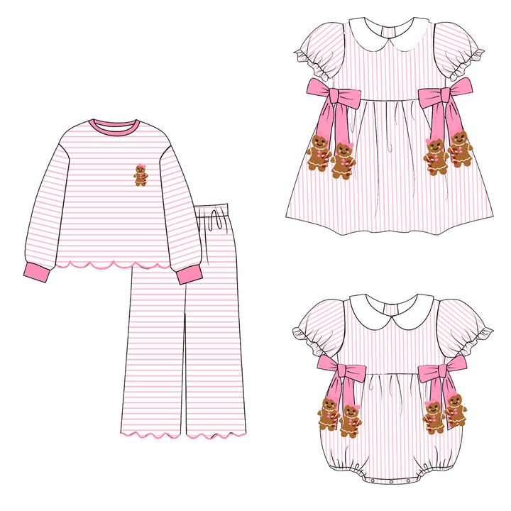 Christmas Pink Stripe Gingerbread Embroidery Sibling Matching Outfits Collection