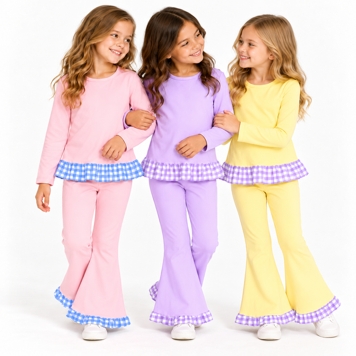 Girls Pastel Ruffle Crewneck Tee &amp; Bell Bottoms 2PCS Outfit