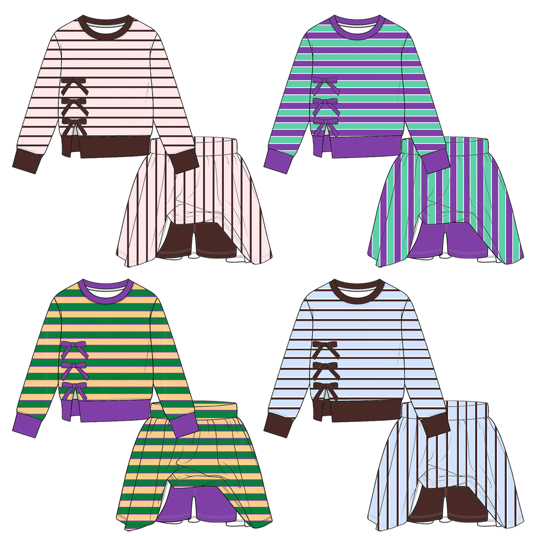 Girls Striped Side-Bow Sweatshirt & Skort 2PCS Set