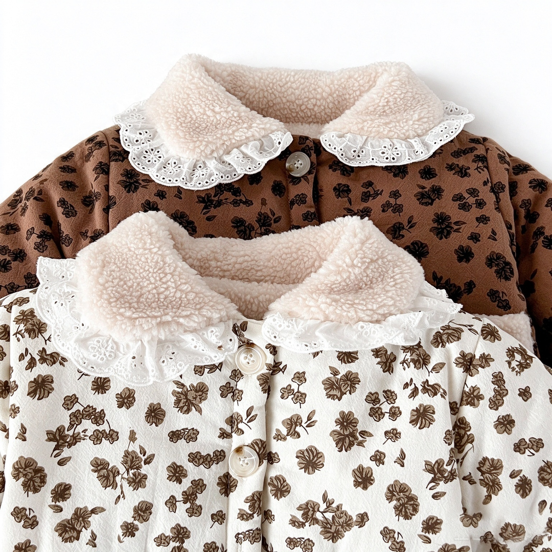 Baby Girl Floral Sherpa Collar Quilted Jacket Warm Coat