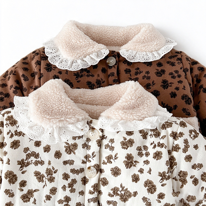 Baby Girl Floral Sherpa Collar Quilted Jacket Warm Coat