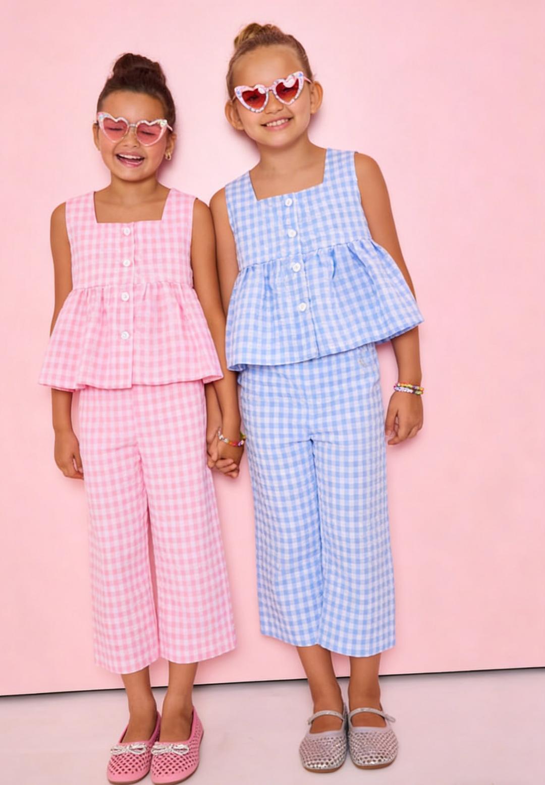 Girls' cotton plaid button ruffle to&pants 2pcs set